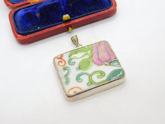 Chinese Sterling Silver Mounted Qing Dynasty Famille Rose Ceramic Pendant