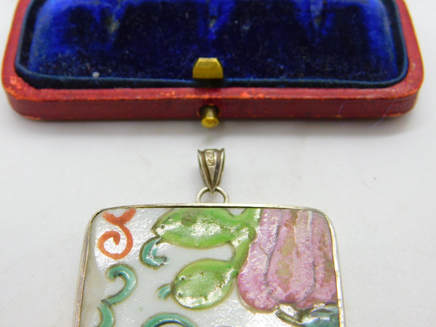 Chinese Sterling Silver Mounted Qing Dynasty Famille Rose Ceramic Pendant