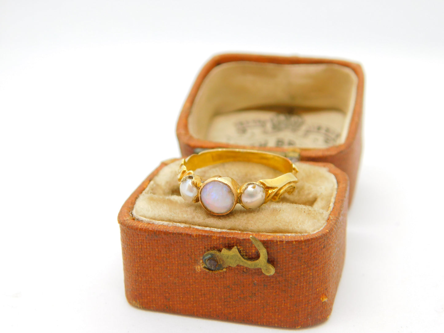 Victorian 18ct Yellow Gold Opal & Pearl Floral Band Ring c1840 Antique