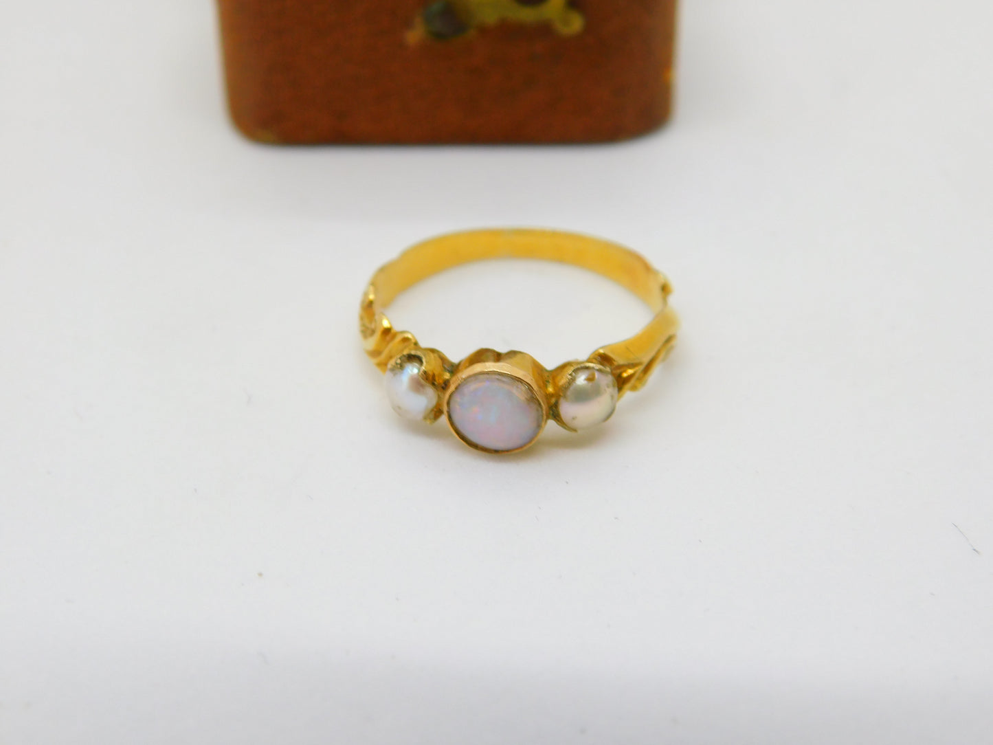 Victorian 18ct Yellow Gold Opal & Pearl Floral Band Ring c1840 Antique