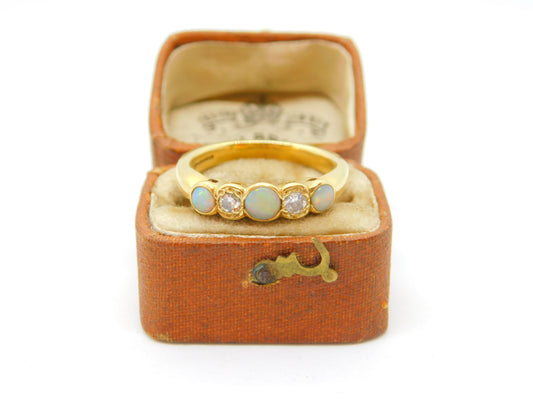 18ct Yellow Gold 0.2ct Diamond & Opal Victorian Style Five Stone Ring Vintage