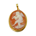 Gold pendant with a classical design of a cherub on a white background