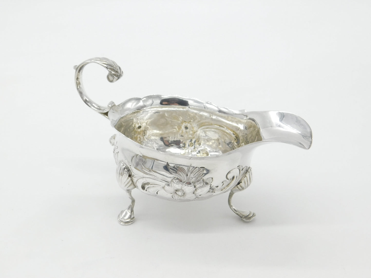 George II Sterling Silver Duck Crest Floral Sauce Boat c1745 London Antique