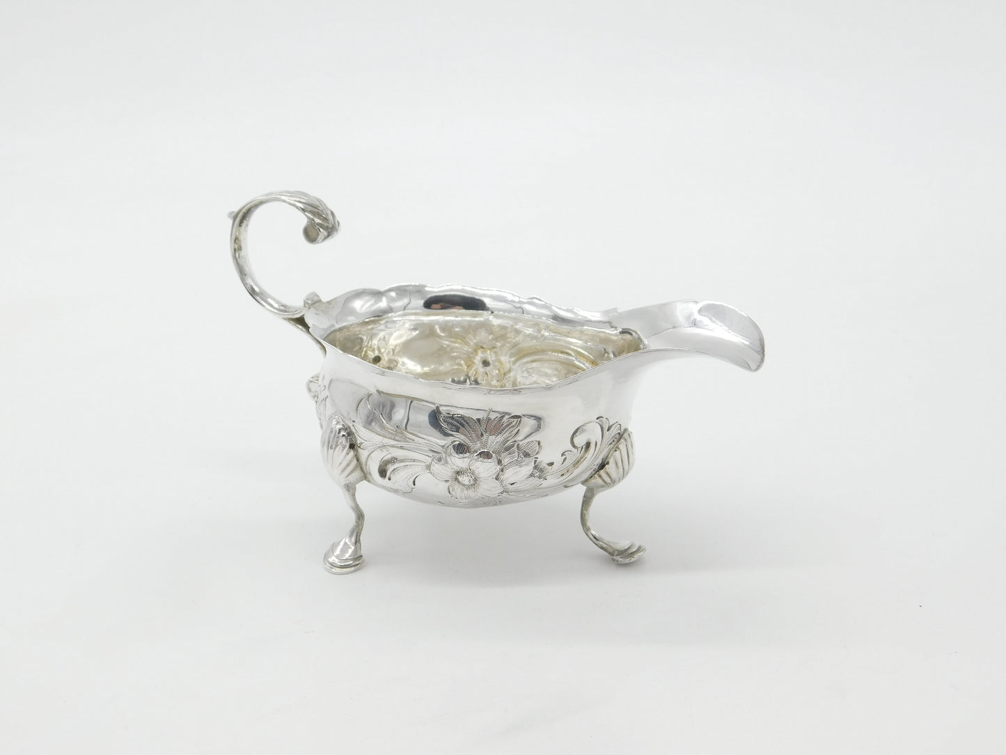 George II Sterling Silver Duck Crest Floral Sauce Boat c1745 London Antique