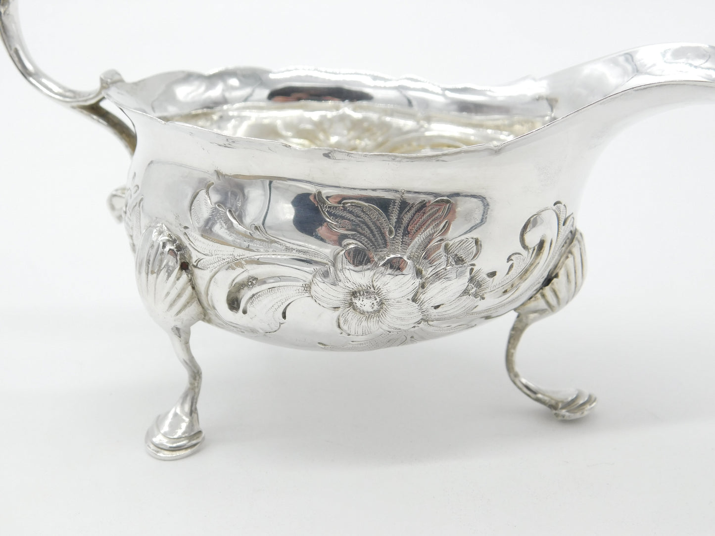 George II Sterling Silver Duck Crest Floral Sauce Boat c1745 London Antique