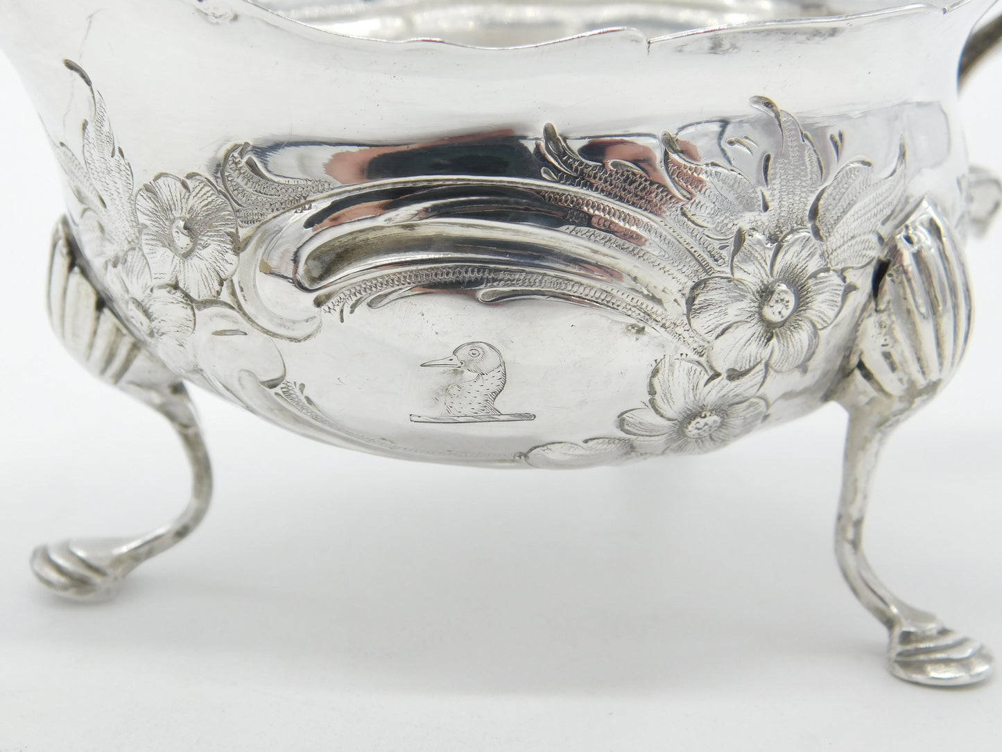 George II Sterling Silver Duck Crest Floral Sauce Boat c1745 London Antique