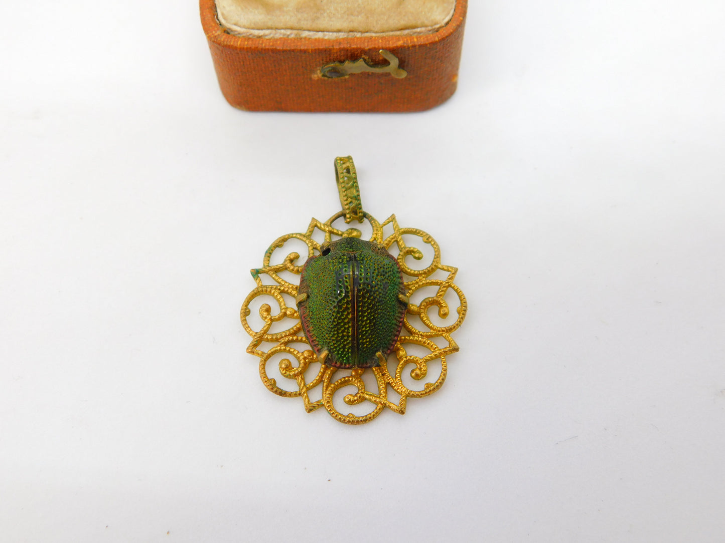 Victorian Pinchbeck Egyptian Revival Scarab Beetle Drop Pendant c1850 Antique