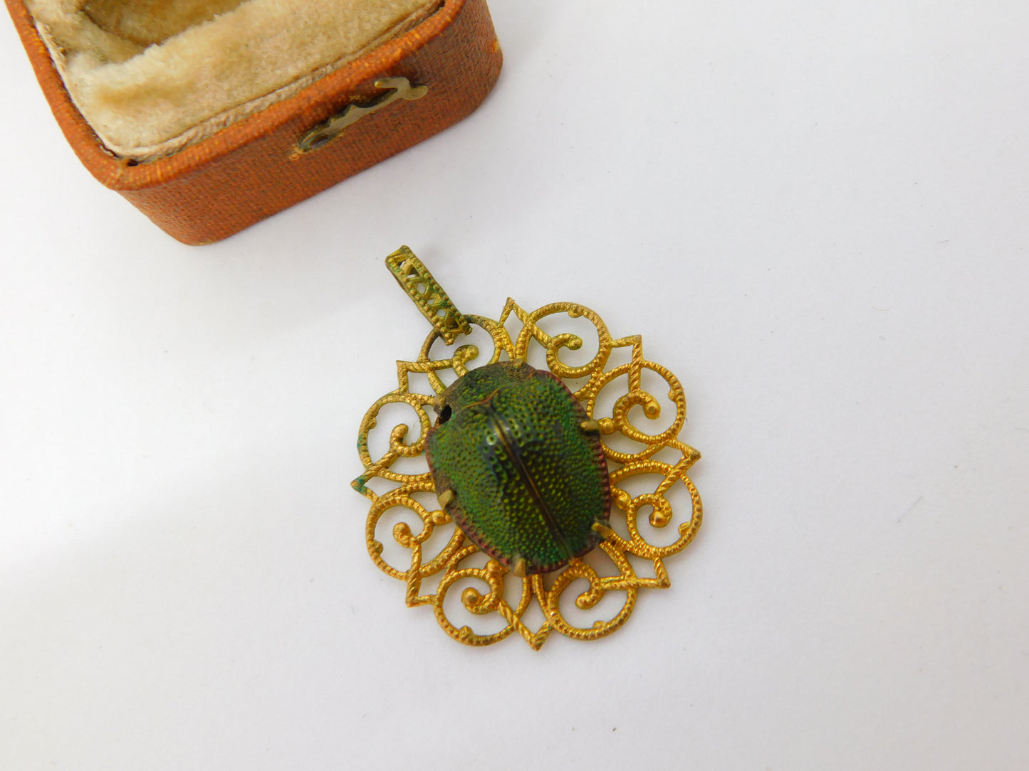 Victorian Pinchbeck Egyptian Revival Scarab Beetle Drop Pendant c1850 Antique