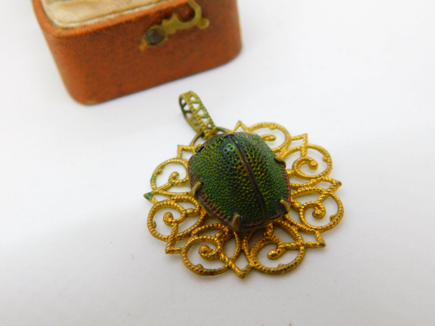 Victorian Pinchbeck Egyptian Revival Scarab Beetle Drop Pendant c1850 Antique