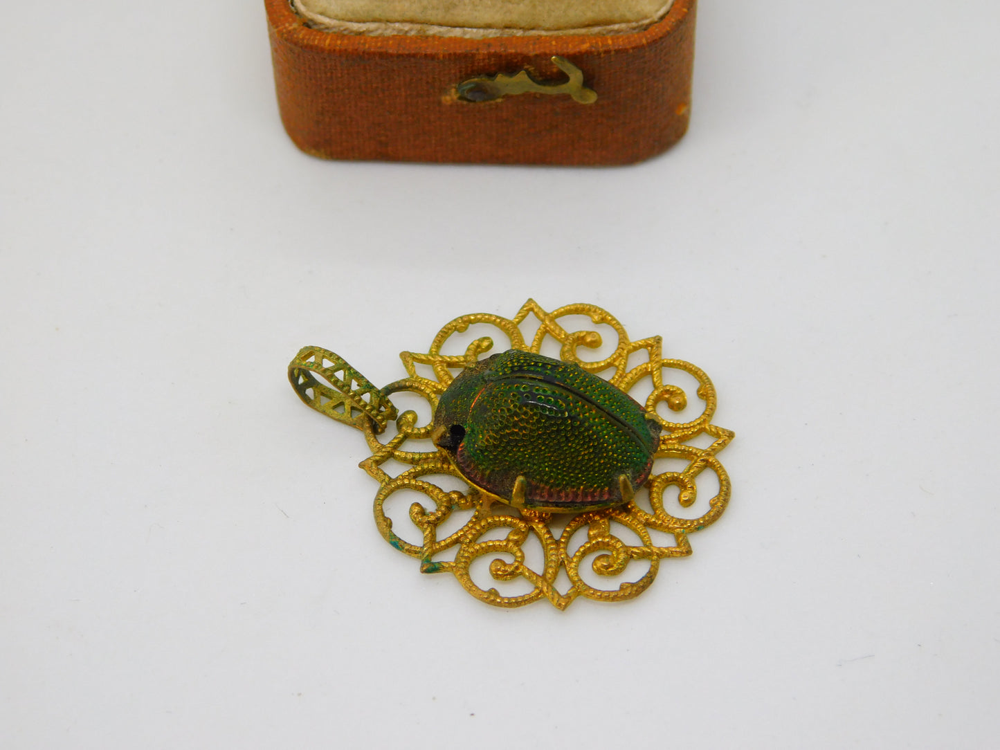 Victorian Pinchbeck Egyptian Revival Scarab Beetle Drop Pendant c1850 Antique