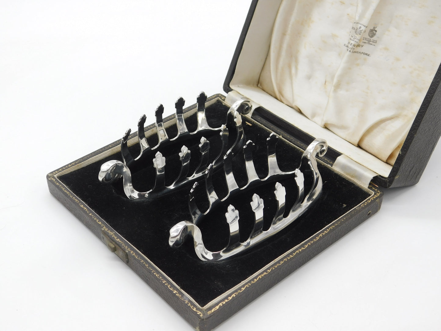 Boxed Pair of Sterling Silver Viking Ship Shaped Toast Racks 1977 Birmingham