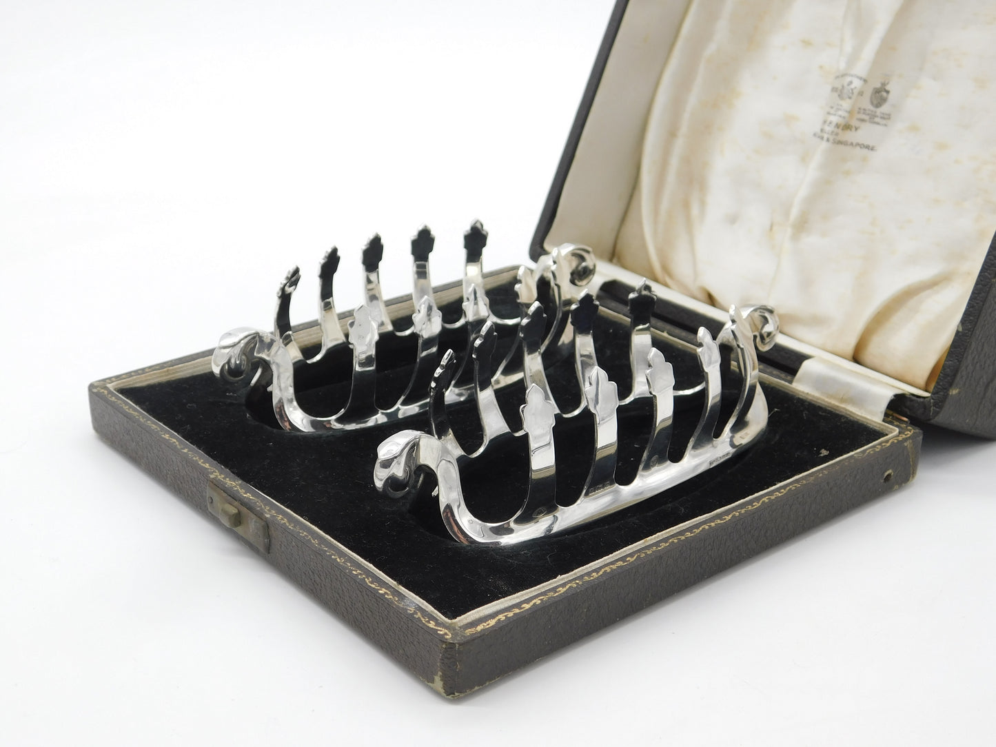 Boxed Pair of Sterling Silver Viking Ship Shaped Toast Racks 1977 Birmingham