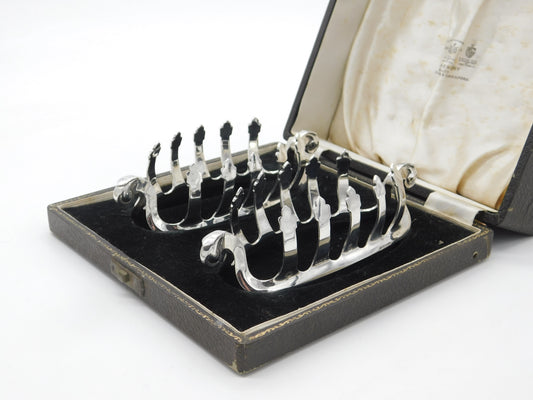 Boxed Pair of Sterling Silver Viking Ship Shaped Toast Racks 1977 Birmingham