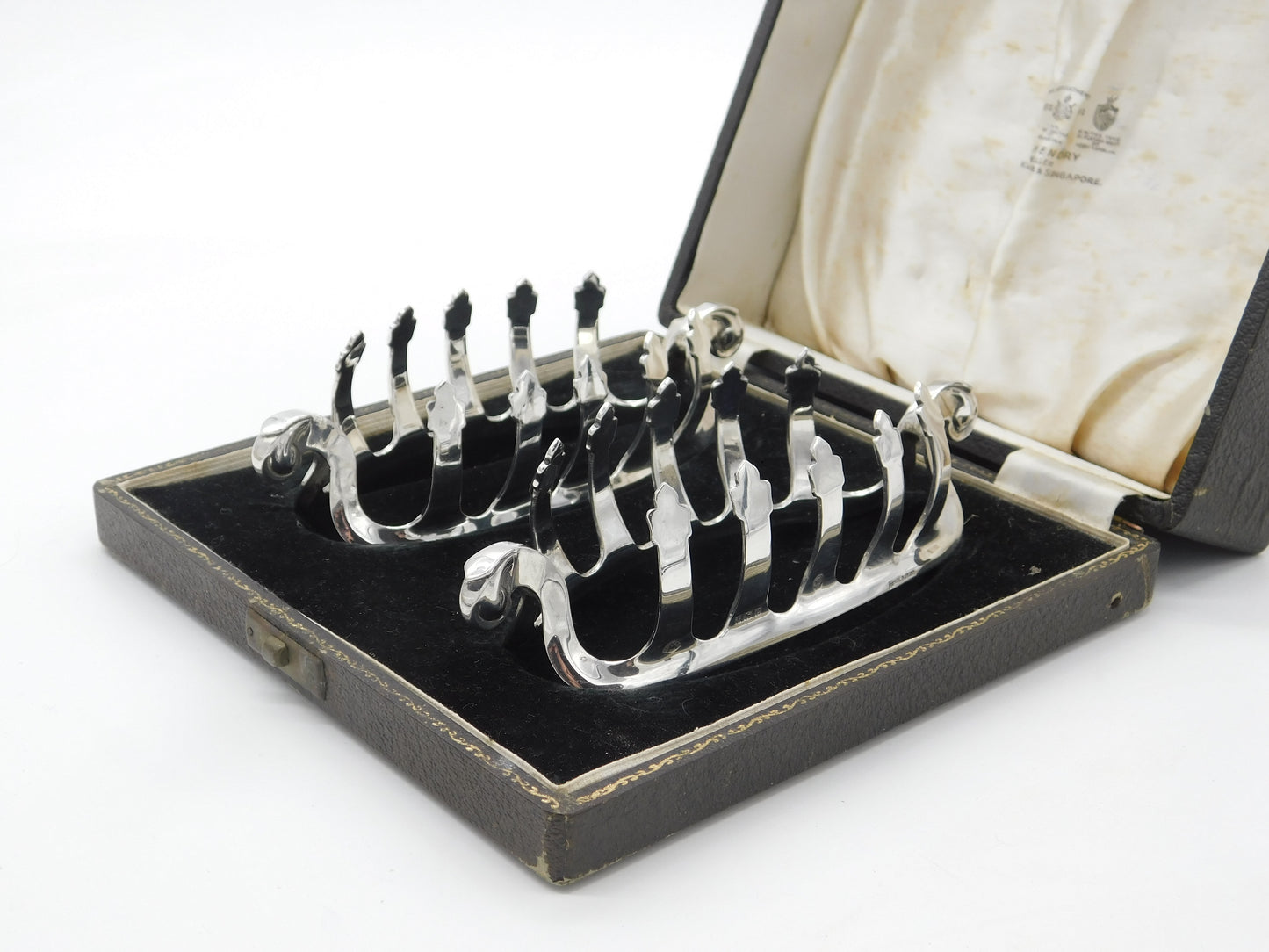 Boxed Pair of Sterling Silver Viking Ship Shaped Toast Racks 1977 Birmingham