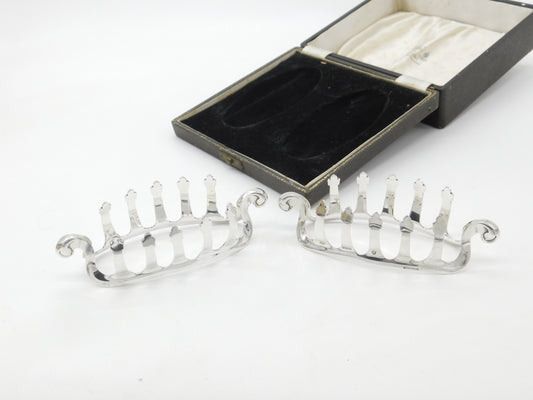 Boxed Pair of Sterling Silver Viking Ship Shaped Toast Racks 1977 Birmingham