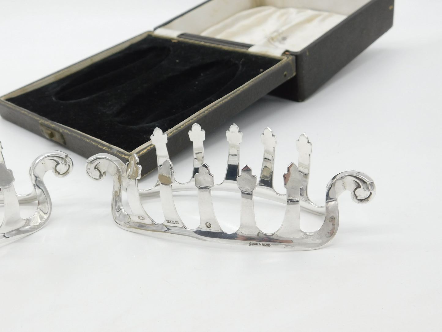 Boxed Pair of Sterling Silver Viking Ship Shaped Toast Racks 1977 Birmingham