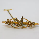 Edwardian 9ct Yellow Gold Seed Pearl Set Swallow Brooch Antique 1908 Chester