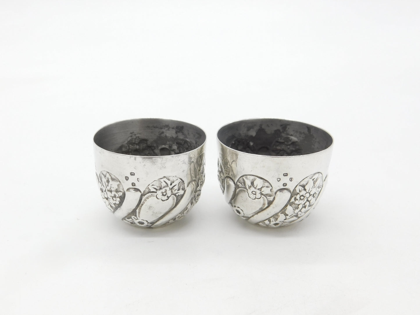 Pair of Victorian Sterling Silver Floral Pattern Salt Cellars 1878 London Antiqu