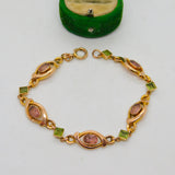 9ct Yellow Gold, Pink Topaz & Peridot Floral Dress Bracelet Antique c1930 Deco