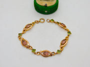9ct Yellow Gold, Pink Topaz & Peridot Floral Dress Bracelet Antique c1930 Deco