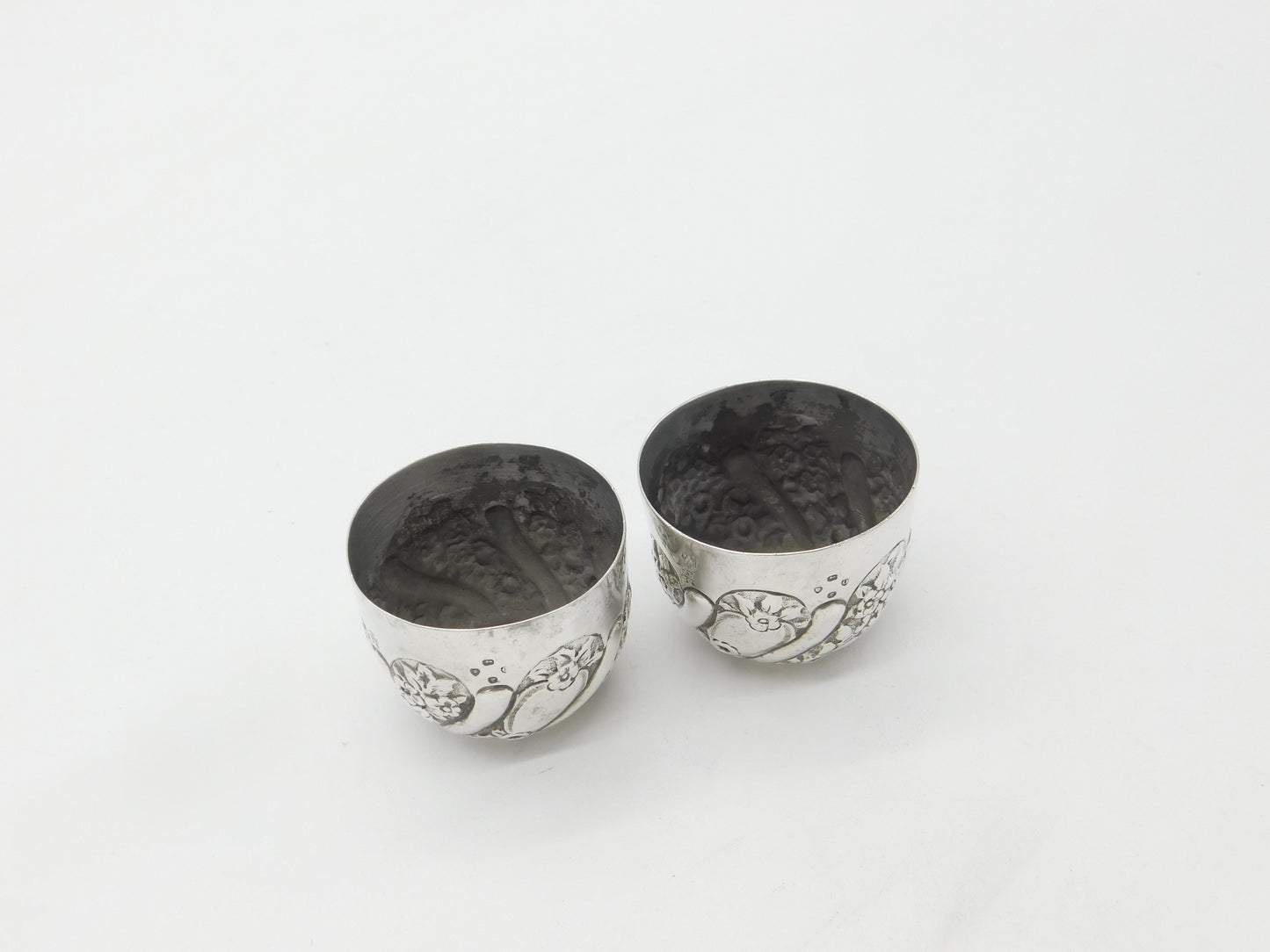 Pair of Victorian Sterling Silver Floral Pattern Salt Cellars 1878 London Antiqu