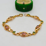 9ct Yellow Gold, Pink Topaz & Peridot Floral Dress Bracelet Antique c1930 Deco