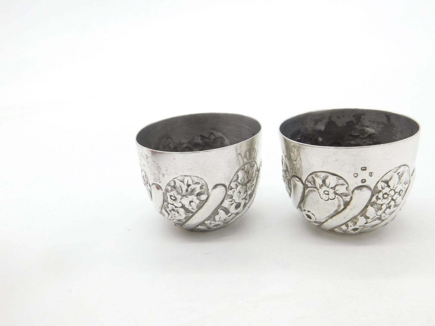 Pair of Victorian Sterling Silver Floral Pattern Salt Cellars 1878 London Antiqu