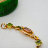 9ct Yellow Gold, Pink Topaz & Peridot Floral Dress Bracelet Antique c1930 Deco