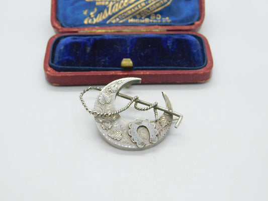 Victorian Sterling Silver Crescent, Crop & Horseshoe Sweetheart Brooch 1888 Chester