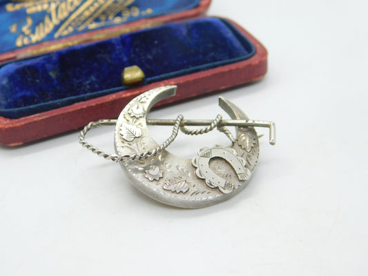 Victorian Sterling Silver Crescent, Crop & Horseshoe Sweetheart Brooch 1888 Chester