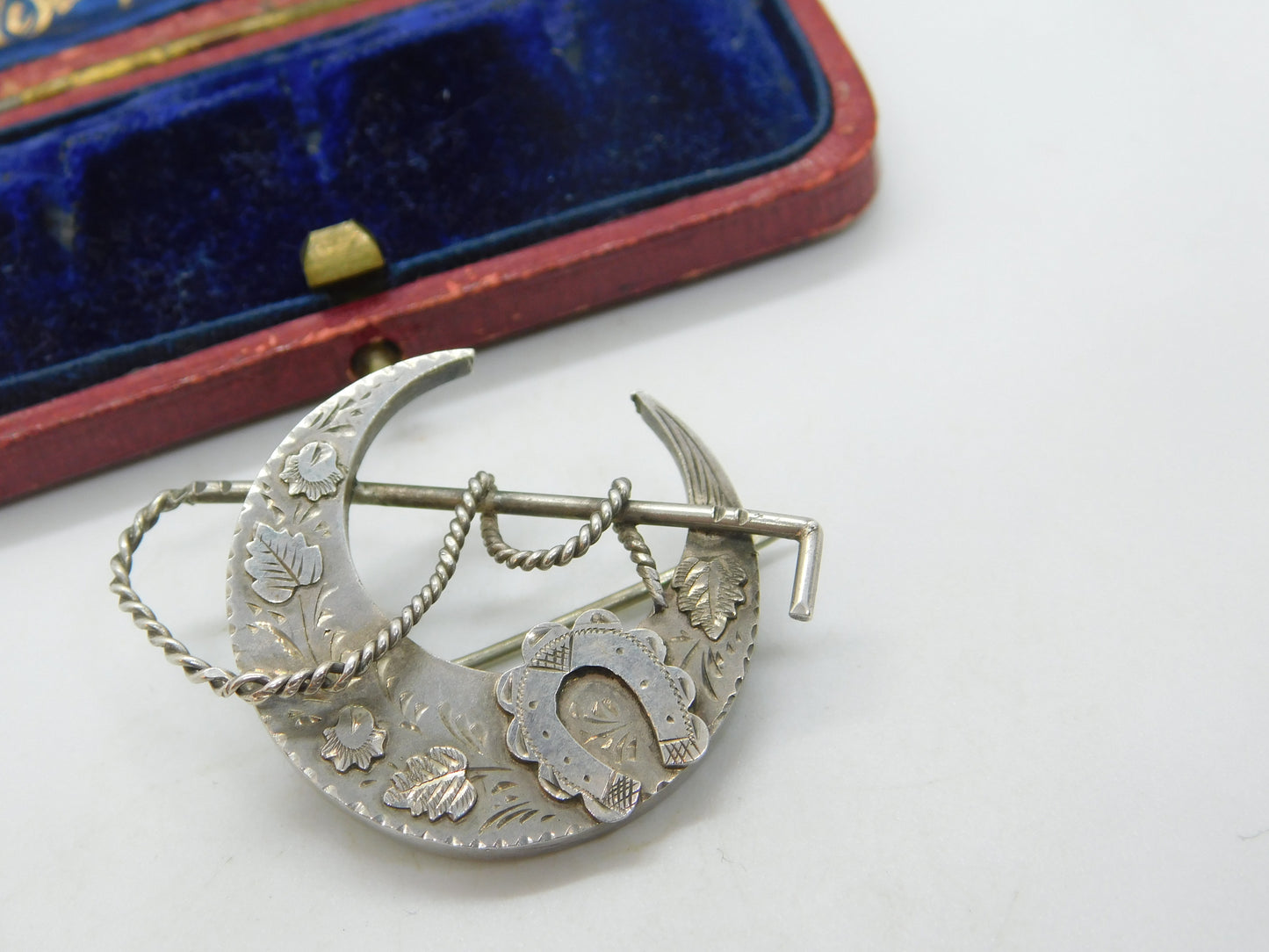 Victorian Sterling Silver Crescent, Crop & Horseshoe Sweetheart Brooch 1888 Chester