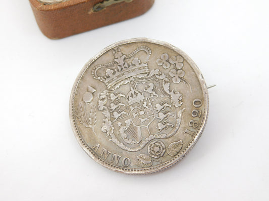 Georgian Sterling Silver Half Crown Coin Brooch 1820 Antique King George IV