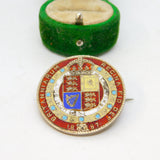 Victorian Sterling Silver Gitl & Red Enamel Half Crown Coin Brooch Antique 1887