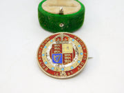 Victorian Sterling Silver Gitl & Red Enamel Half Crown Coin Brooch Antique 1887