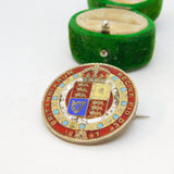 Victorian Sterling Silver Gitl & Red Enamel Half Crown Coin Brooch Antique 1887
