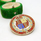 Victorian Sterling Silver Gitl & Red Enamel Half Crown Coin Brooch Antique 1887