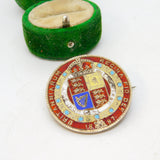 Victorian Sterling Silver Gitl & Red Enamel Half Crown Coin Brooch Antique 1887