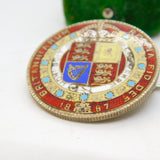 Victorian Sterling Silver Gitl & Red Enamel Half Crown Coin Brooch Antique 1887