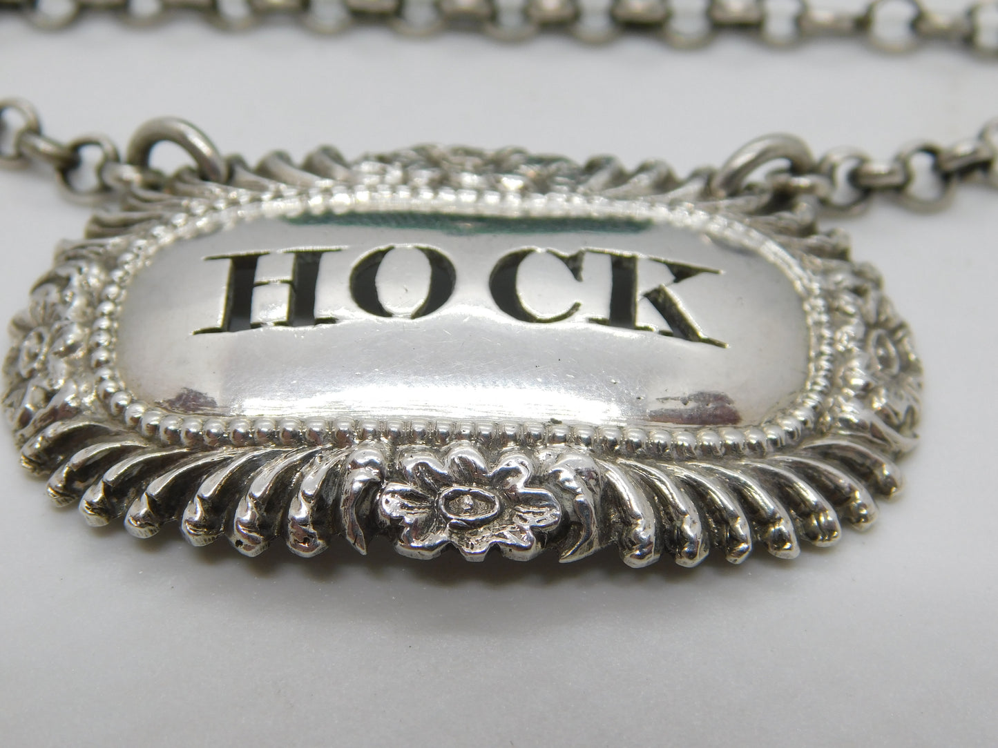 George III Sterling Silver 'Hock' Decanter Label Floral Antique 1820 London