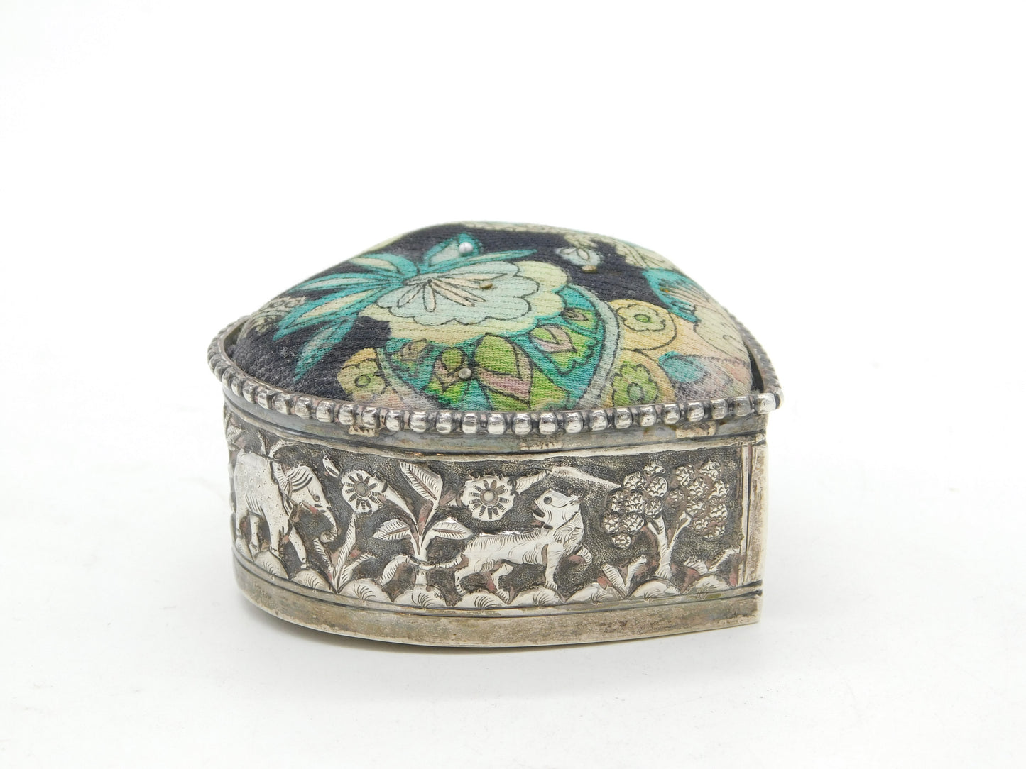 19th Century Indian Sterling Silver Lion & Elephant Pattern Pin Cushion Antique c1880