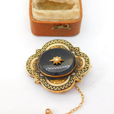 Victorian 18ct Gold, Onyx, Enamel & Seed Pearl Trefoil Mourning Brooch Antique 1887