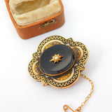 Victorian 18ct Gold, Onyx, Enamel & Seed Pearl Trefoil Mourning Brooch Antique 1887