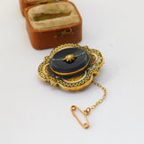 Victorian 18ct Gold, Onyx, Enamel & Seed Pearl Trefoil Mourning Brooch Antique 1887