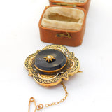 Victorian 18ct Gold, Onyx, Enamel & Seed Pearl Trefoil Mourning Brooch Antique 1887