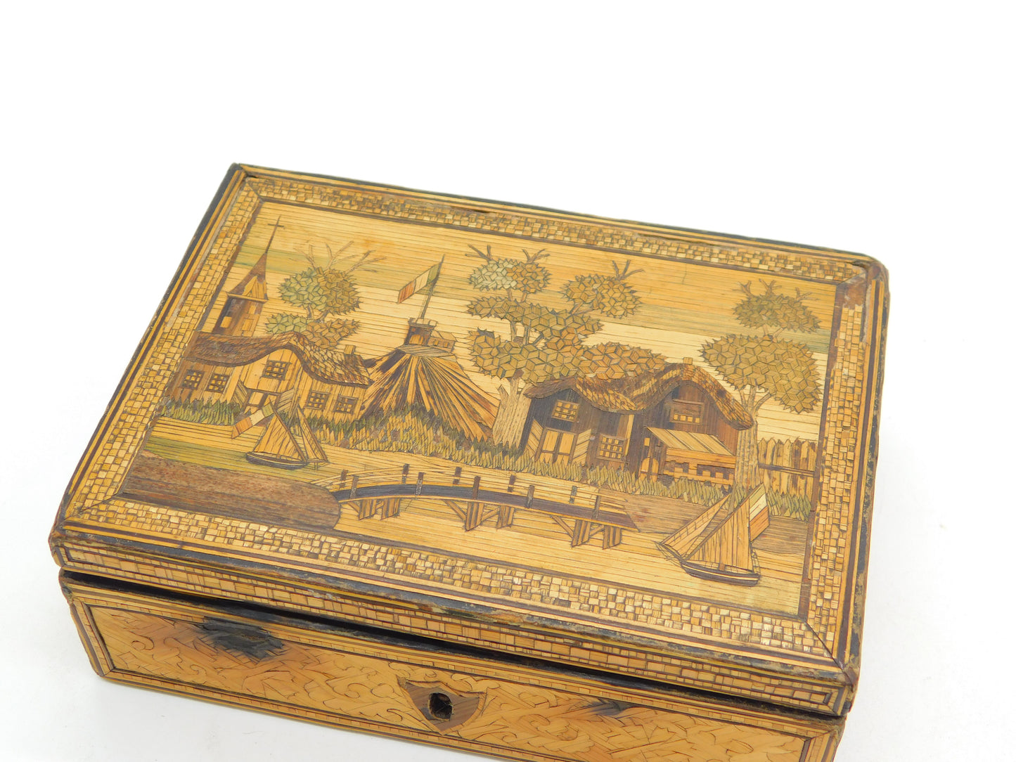 Georgian Napoleonic Prisoner of War Straw Work Trinket Box Antique c1815