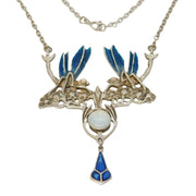 Sterling Silver, Guilloche Enamel & Opal Dragonfly Drop Pendant Necklace Vintage c1970