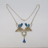 Sterling Silver, Guilloche Enamel & Opal Dragonfly Drop Pendant Necklace Vintage c1970