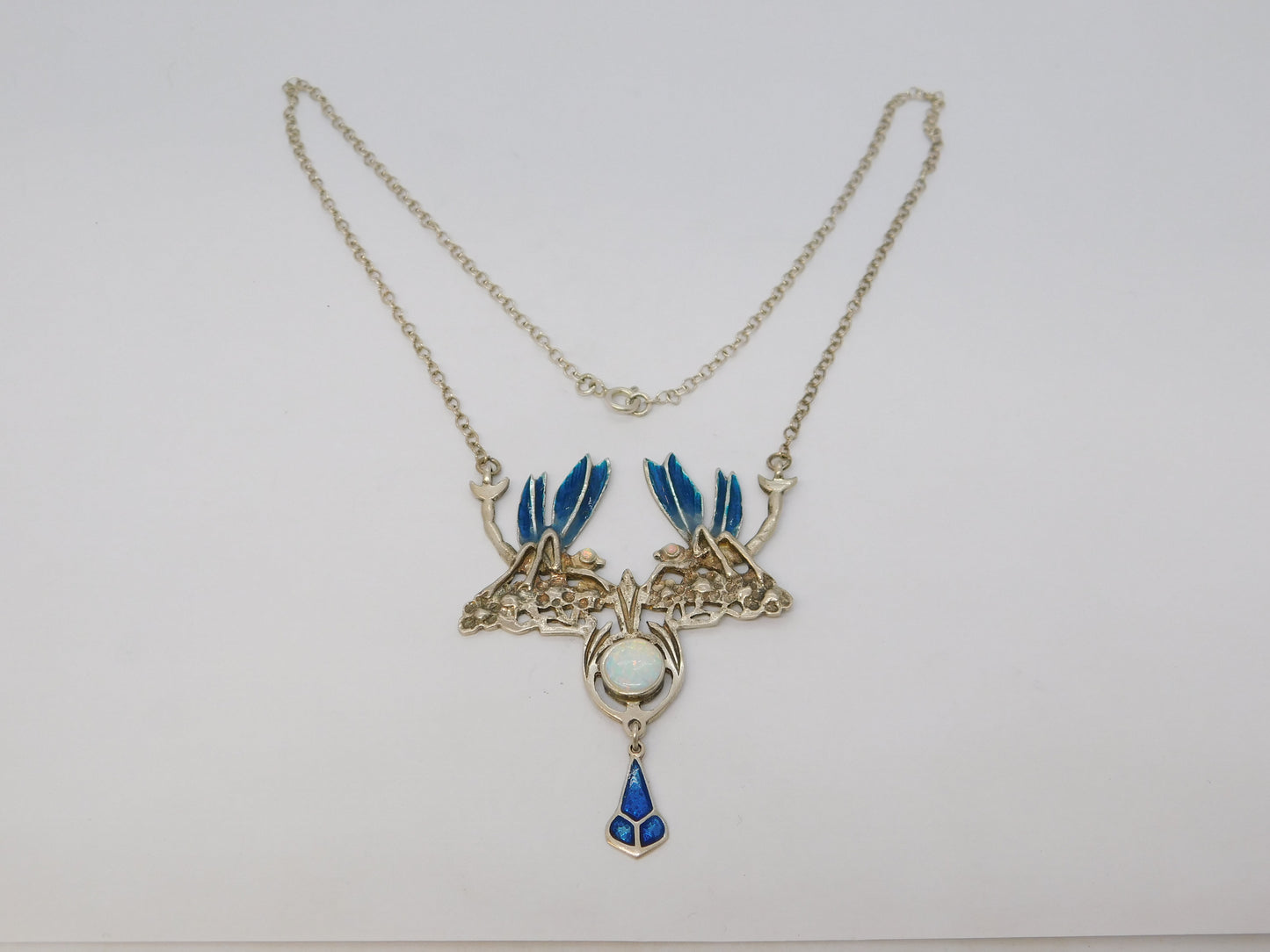 Sterling Silver, Guilloche Enamel & Opal Dragonfly Drop Pendant Necklace Vintage c1970