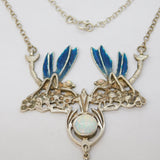 Sterling Silver, Guilloche Enamel & Opal Dragonfly Drop Pendant Necklace Vintage c1970