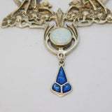 Sterling Silver, Guilloche Enamel & Opal Dragonfly Drop Pendant Necklace Vintage c1970